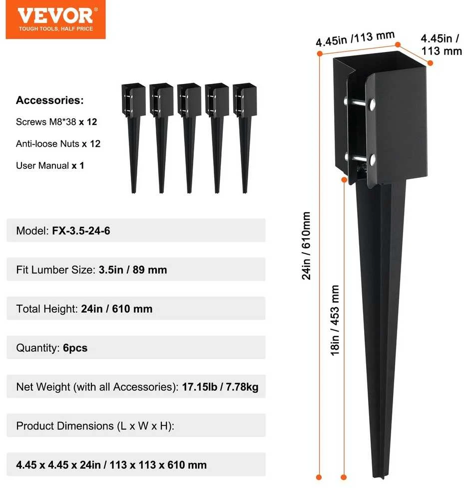 Tvoros stulpų inkarai, 6 vnt., plienas, milteliniu būdu dengtas, 9 cm medienai