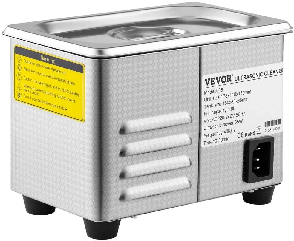 Ultragarsinis valiklis, 0,8 l, 35 W, 40 kHz, Nerūdijančio plieno bakelis, Reguliuojamas laikmatis, Papuošalams, Akiniams
