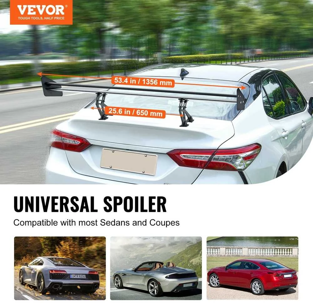 Universalus GT Sparnas Spoileris, reguliuojamas dviejų aukštų automobilio spoileris, matinės juodos spalvos bagažinės sparnas sedanams ir kupė, 1350 mm lenktyninis spoileris