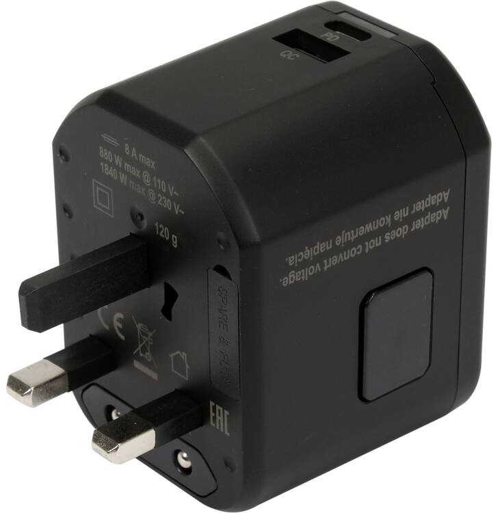Universalus kelioninis adapteris, skirtas daugiau nei 150 šalių, su USB įkrovikliu
