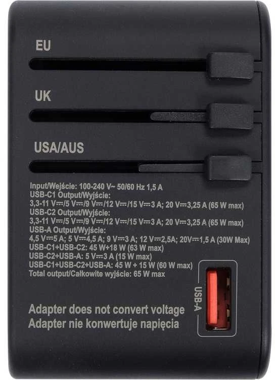 Universalus kelioninis adapteris su USB-C PD 65W, greitas įkroviklis, adapteris kelionėms