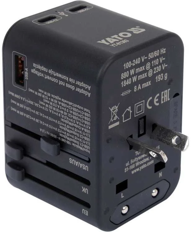 Universalus kelioninis adapteris su USB-C PD 65W, greitas įkroviklis, adapteris kelionėms