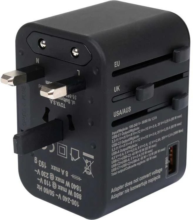Universalus kelioninis adapteris su USB-C PD 65W, greitas įkroviklis, adapteris kelionėms