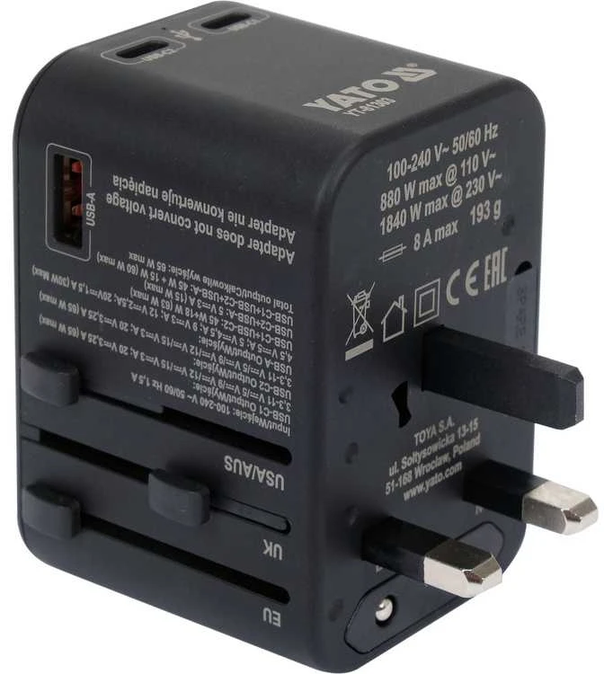 Universalus kelioninis adapteris su USB-C PD 65W, greitas įkroviklis, adapteris kelionėms