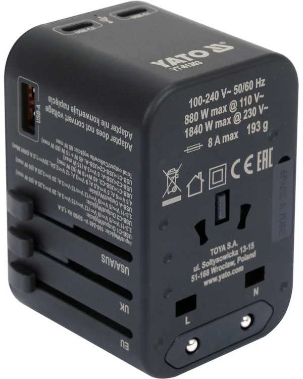 Universalus kelioninis adapteris su USB-C PD 65W, greitas įkroviklis, adapteris kelionėms