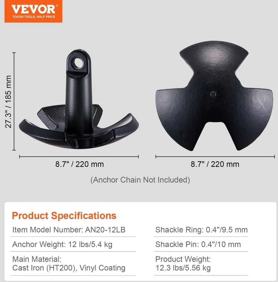 Upės inkaras valtims, 5.4kg ketaus inkaras, juodas vinilu dengtas inkaras, valties inkaras upėms ir ežerams, grybo formos inkaras, valties inkaras baidarėms