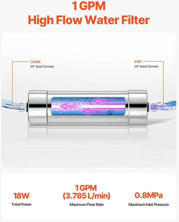 UV vandens valytuvas, 8W UV filtras, 3.785 l/min, sterilizatorius, bakterijų naikinimas