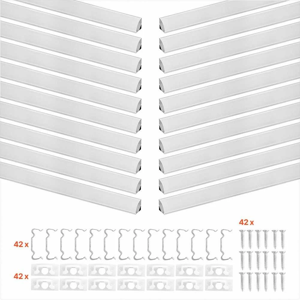 V formos LED aliuminio kanalas apšvietimui po spintelėmis, 1 m ilgis, 20 vienetų pakuotė su pieno spalvos dangteliu ir priedais, LED juostos difuzoriaus kanalas, aliuminio LED profilis, kampinis profilis