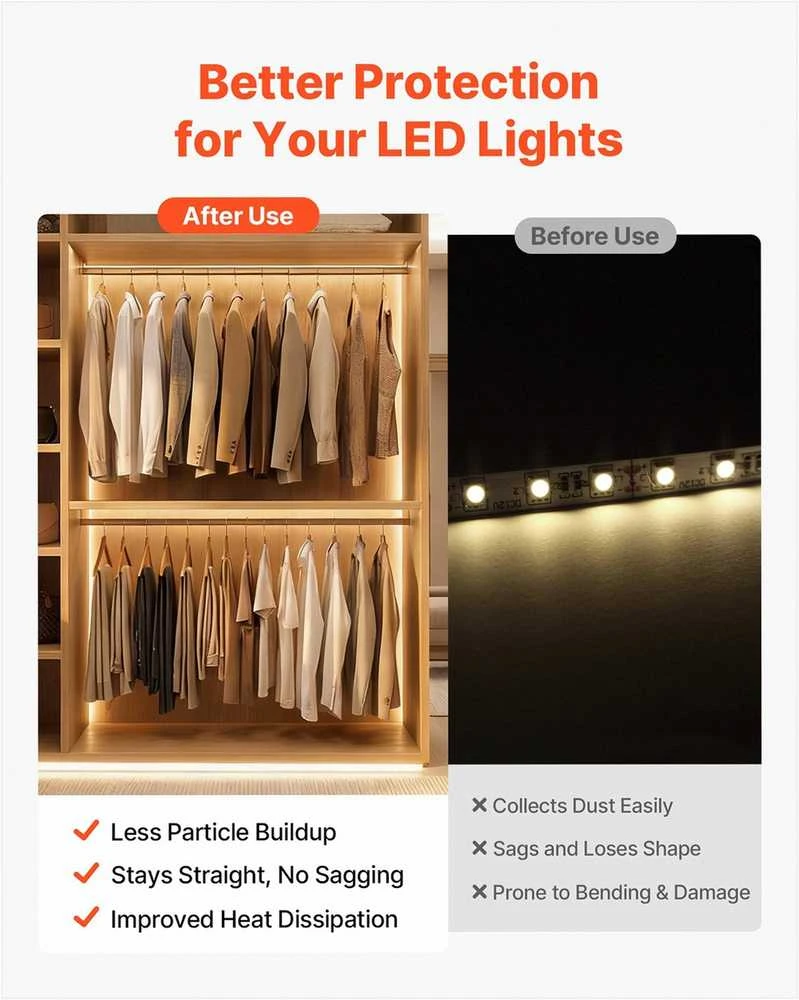 V formos LED aliuminio profilis LED juostų montavimui, su pienišku gaubtu ir tvirtinimo laikikliais, 2 m ilgis, lengvas montavimas, apšvietimo profilis po spintelėmis, aliuminio difuzorius