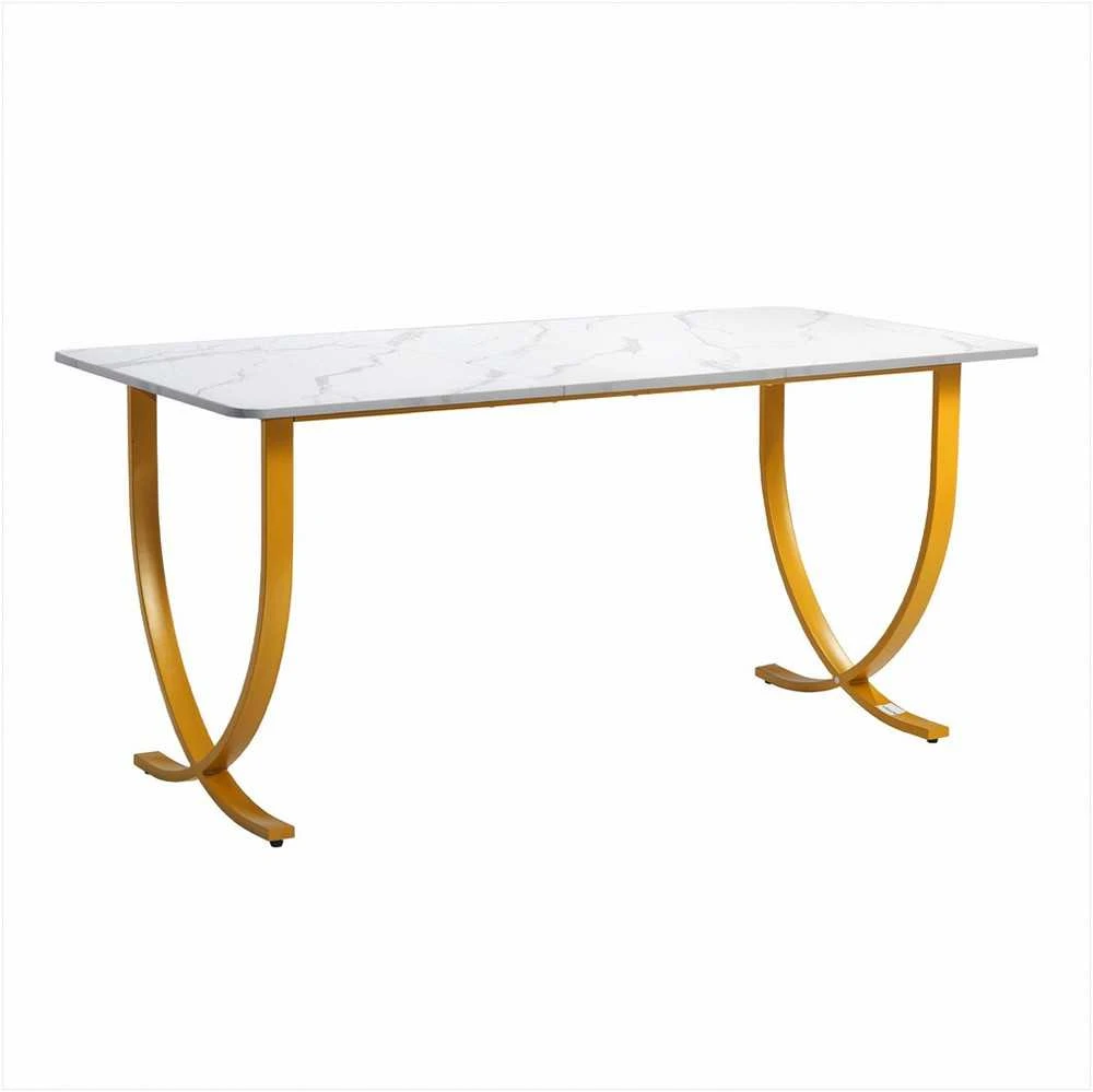 Vadovo stalas, 160 cm x 80 cm didelis biuro stalas namų biurui, modernus kompiuterio stalas su balta ir auksine apdaila, konferencijų salės stalas, verslo baldai, erdvus stalviršis, darbo stalas