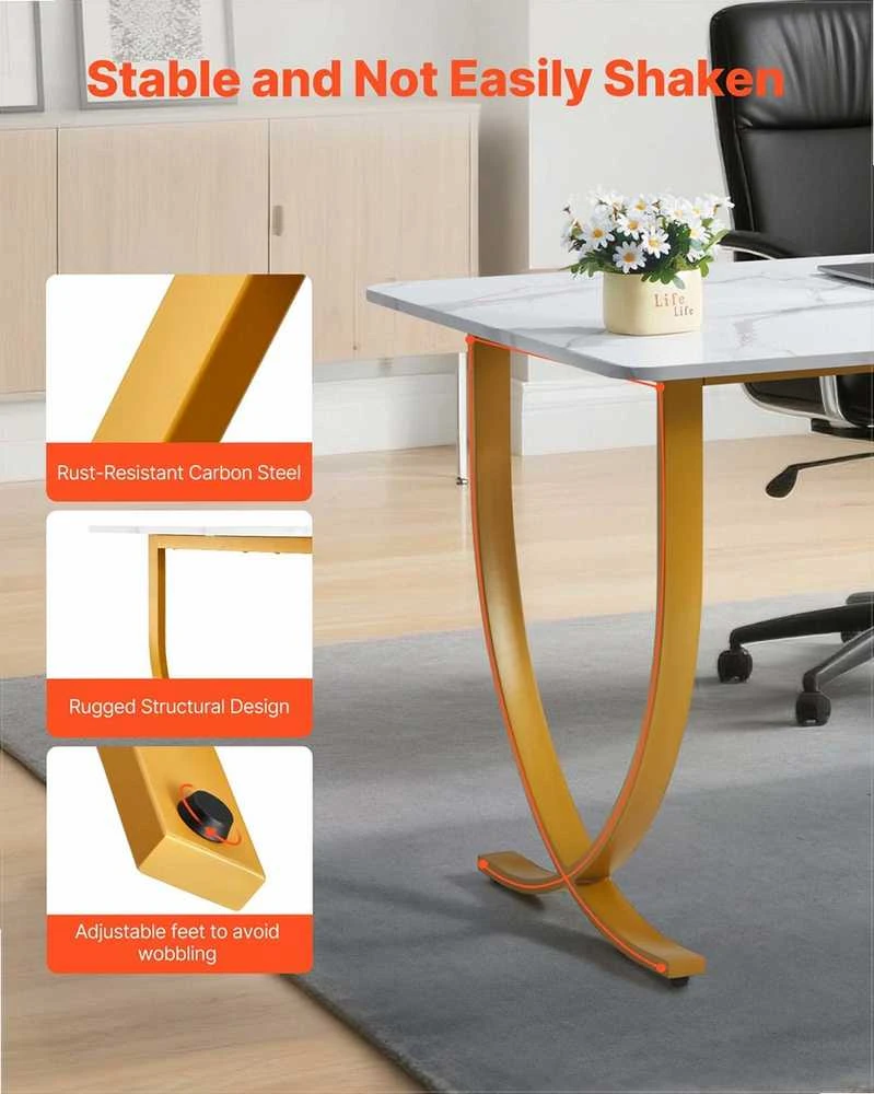 Vadovo stalas, 160 cm x 80 cm didelis biuro stalas namų biurui, modernus kompiuterio stalas su balta ir auksine apdaila, konferencijų salės stalas, verslo baldai, erdvus stalviršis, darbo stalas
