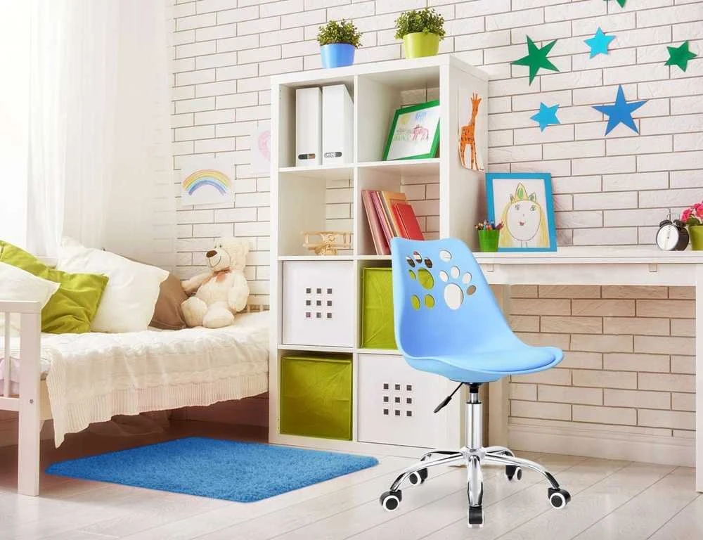 Vaikiška pasukama kėdė su ratukais, ergonominė, mėlyna, biuro, kambario, reguliuojama, mokyklinuko