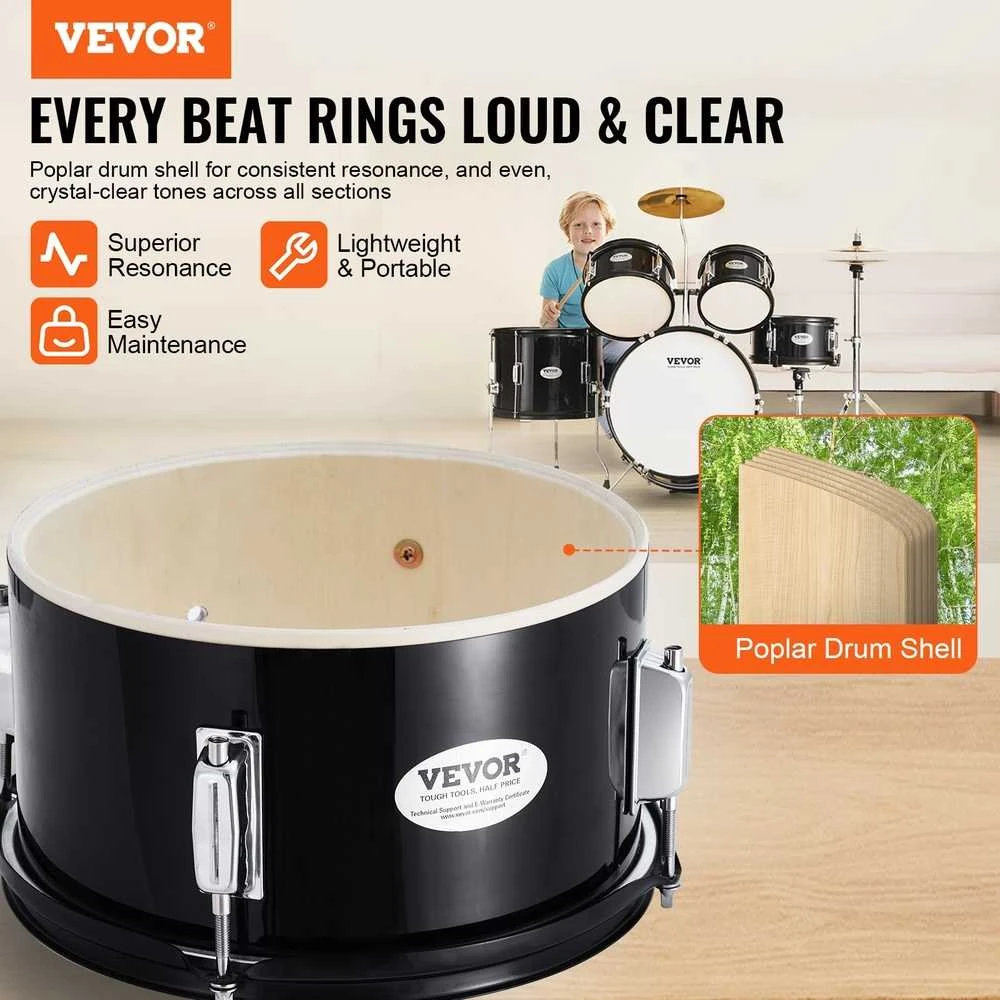 Vaikiškas 5 dalių būgnų rinkinys pradedantiesiems, juodas vaikiškas būgnų rinkinys, jaunių būgnų rinkinys, vaikiškas muzikos instrumentas