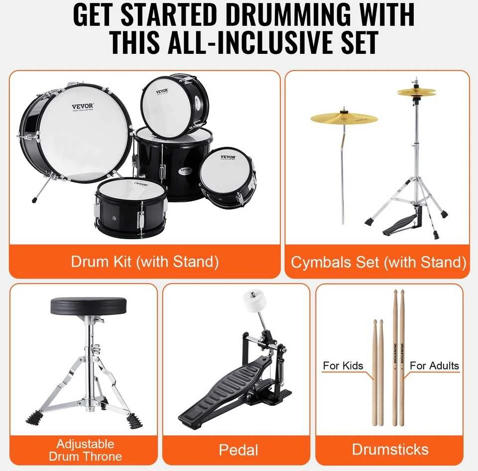 Vaikiškas 5 dalių būgnų rinkinys pradedantiesiems, juodas vaikiškas būgnų rinkinys, jaunių būgnų rinkinys, vaikiškas muzikos instrumentas