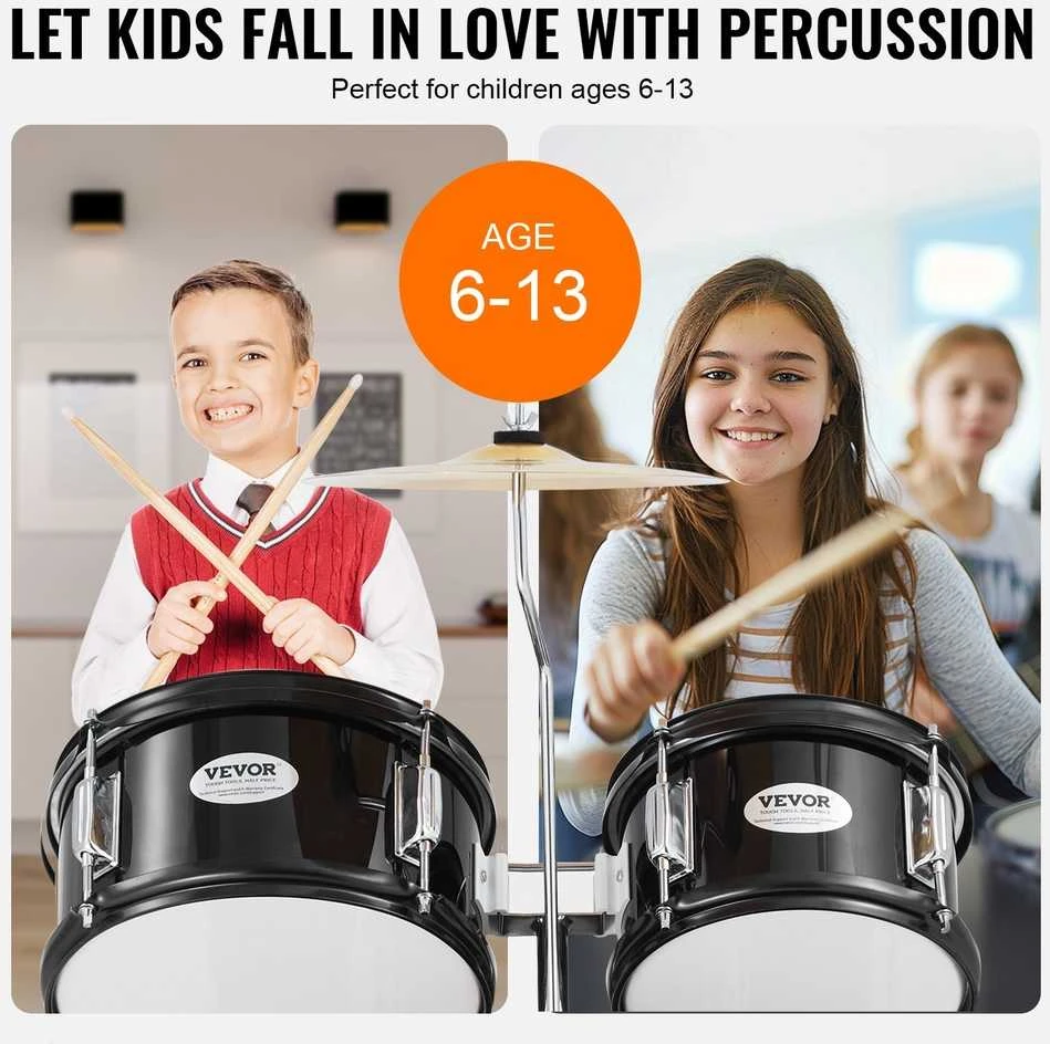 Vaikiškas 5 dalių būgnų rinkinys pradedantiesiems, juodas vaikiškas būgnų rinkinys, jaunių būgnų rinkinys, vaikiškas muzikos instrumentas