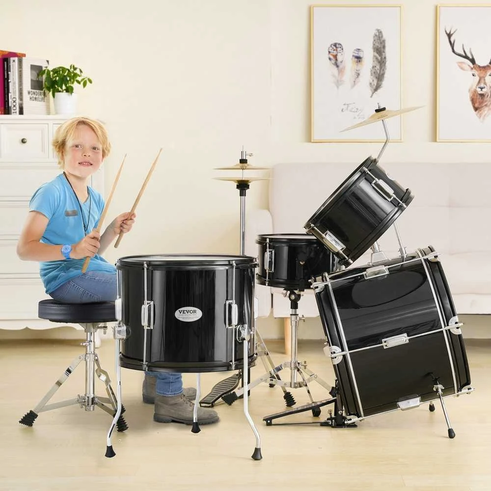 Vaikiškas 5 dalių būgnų rinkinys pradedantiesiems, juodas vaikiškas būgnų rinkinys, jaunių būgnų rinkinys, vaikiškas muzikos instrumentas