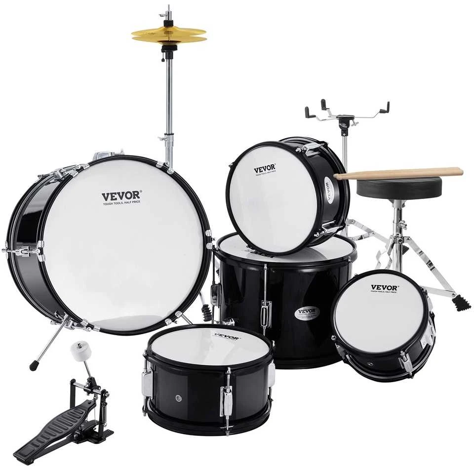 Vaikiškas 5 dalių būgnų rinkinys pradedantiesiems, juodas vaikiškas būgnų rinkinys, jaunių būgnų rinkinys, vaikiškas muzikos instrumentas