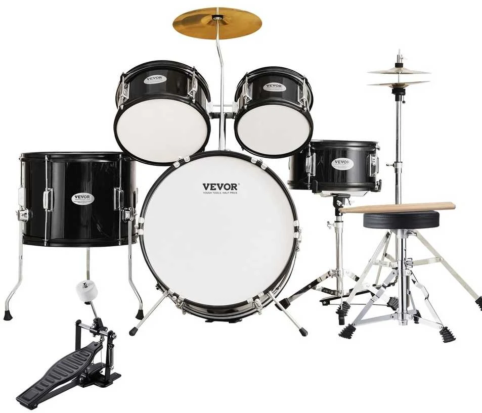 Vaikiškas 5 dalių būgnų rinkinys pradedantiesiems, juodas vaikiškas būgnų rinkinys, jaunių būgnų rinkinys, vaikiškas muzikos instrumentas
