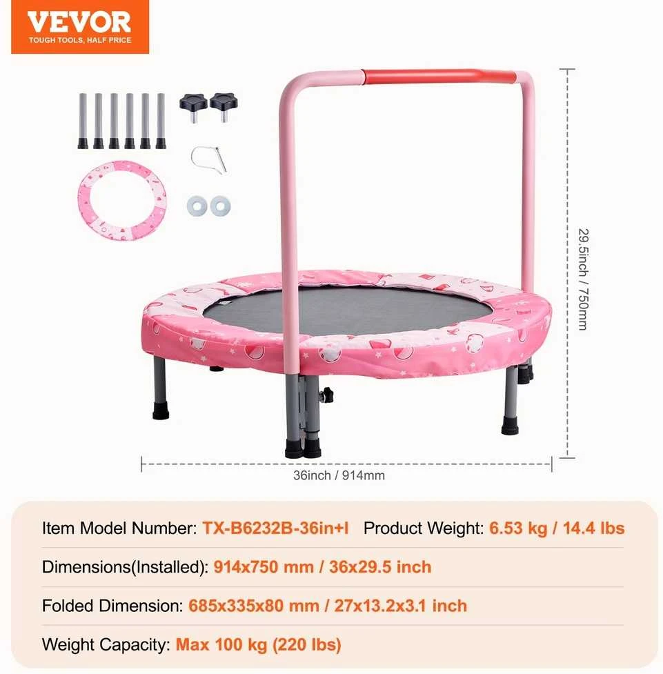 Vaikiškas batutas, sulankstomas mini batutas, lauko/vidaus, 95.5 cm, mažyliams, šokinėjimo priemonė, žaidimų aikštelė