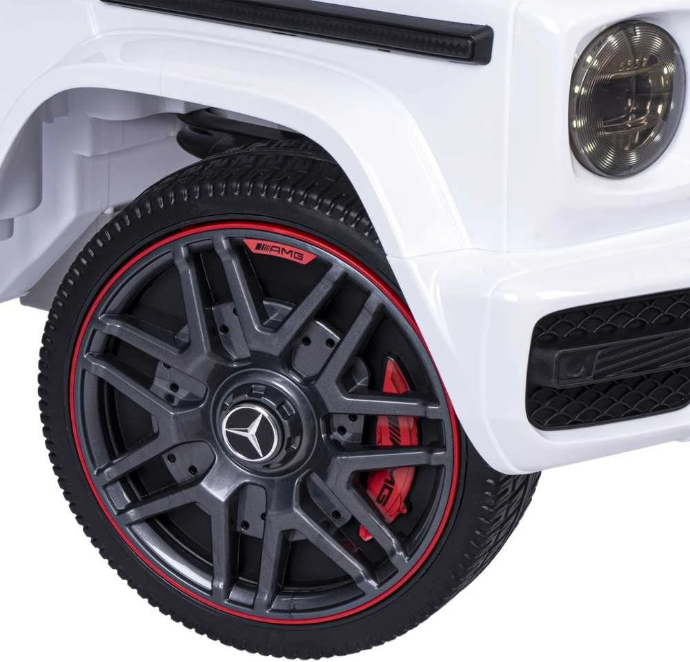 Vaikiškas elektrinis automobilis Mercedes AMG G63 baltas, važiuojamas, licencijuotas, žaislinis automobilis vaikams, elektromobilis