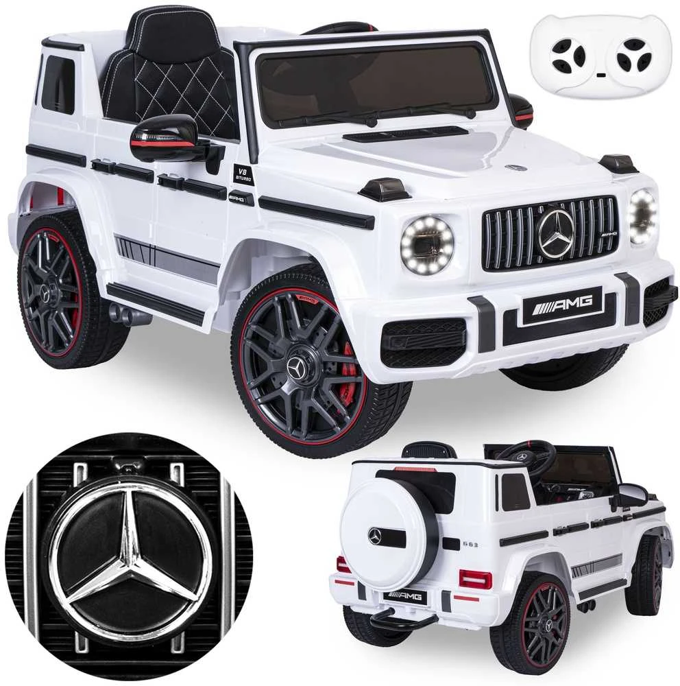 Vaikiškas elektrinis automobilis Mercedes AMG G63 baltas, važiuojamas, licencijuotas, žaislinis automobilis vaikams, elektromobilis
