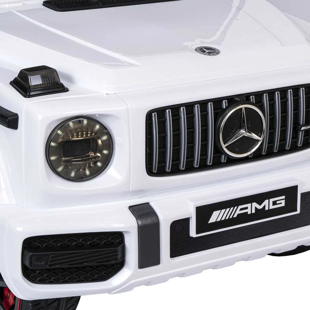 Vaikiškas elektrinis automobilis Mercedes AMG G63 baltas, važiuojamas, licencijuotas, žaislinis automobilis vaikams, elektromobilis