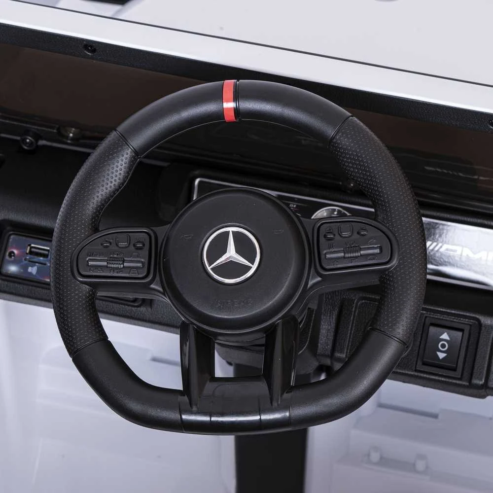Vaikiškas elektrinis automobilis Mercedes AMG G63 baltas, važiuojamas, licencijuotas, žaislinis automobilis vaikams, elektromobilis