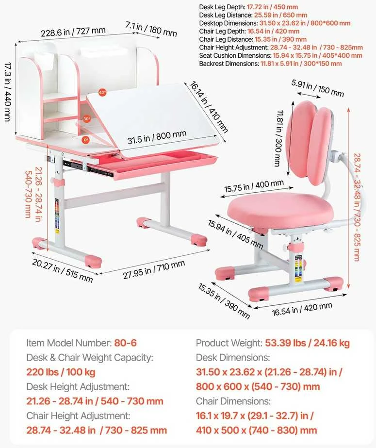 Vaikiškas mokomasis stalas ir kėdės komplektas, reguliuojamo aukščio, su knygų lentyna ir stalčiumi, rožinis vaikiškas stalas, ergonomiškas vaikiškas stalas