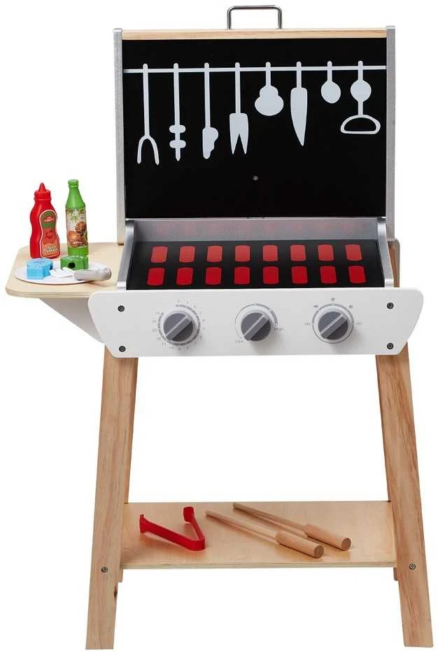 Vaikų BBQ Grilio Žaislų Rinkinys, 21 Dalis, Medinis, su Garsu, Žaislinis Grilis, Virtuvėlės Reikmenys, Maisto Gaminimo Žaislas