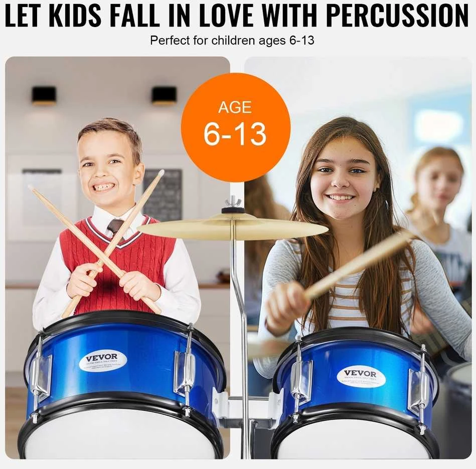 Vaikų būgnų komplektas, 5 dalių, 16 colių, pradedantiesiems, mėlynas, su kėdute, muzikos instrumentas, būgnai vaikams, mušamųjų rinkinys