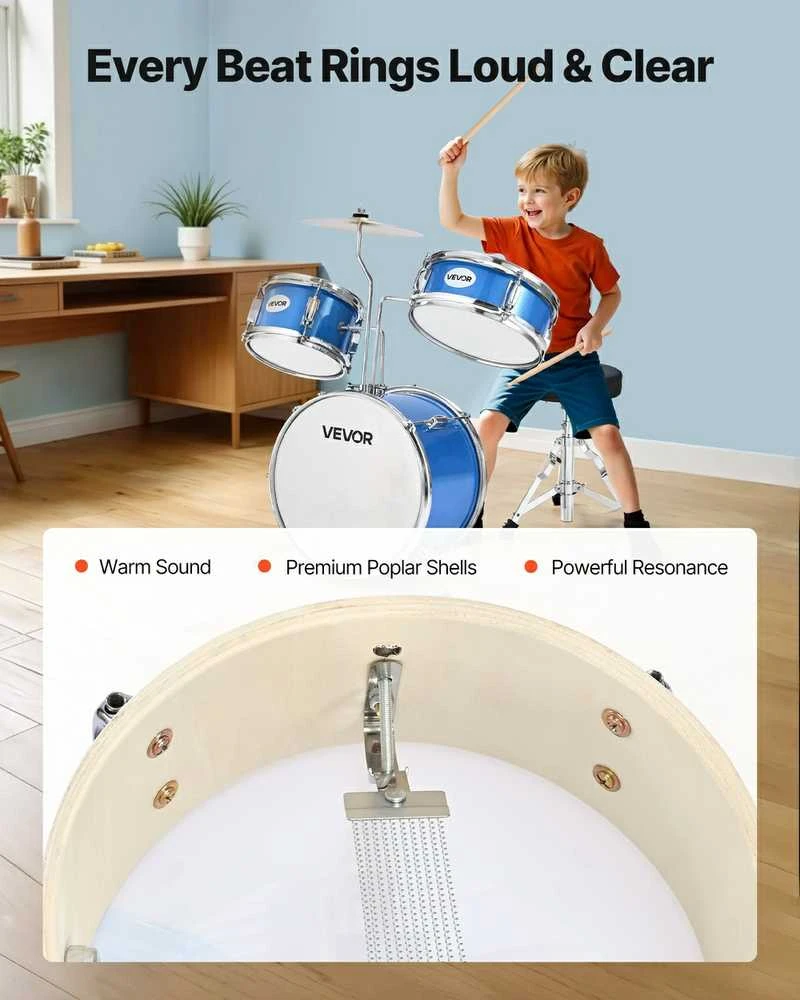 Vaikų būgnų rinkinys, 3 dalių, pradedantiesiems, mėlynas, muzikos instrumentas, mušamųjų komplektas