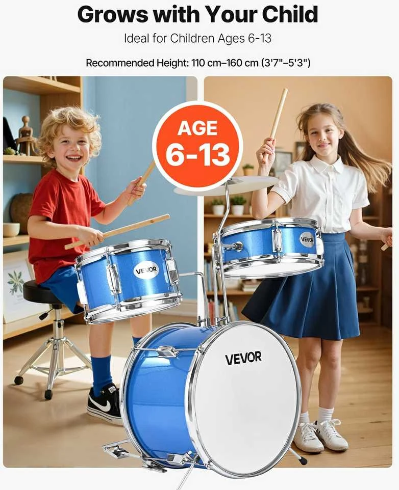 Vaikų būgnų rinkinys, 3 dalių, pradedantiesiems, mėlynas, muzikos instrumentas, mušamųjų komplektas