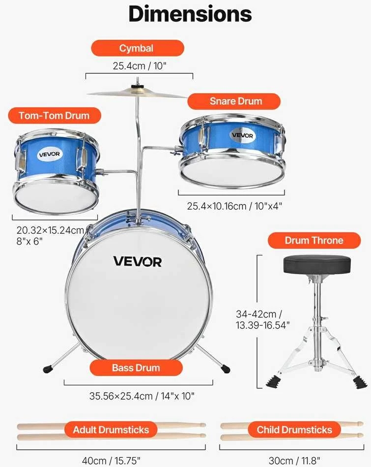 Vaikų būgnų rinkinys, 3 dalių, pradedantiesiems, mėlynas, muzikos instrumentas, mušamųjų komplektas