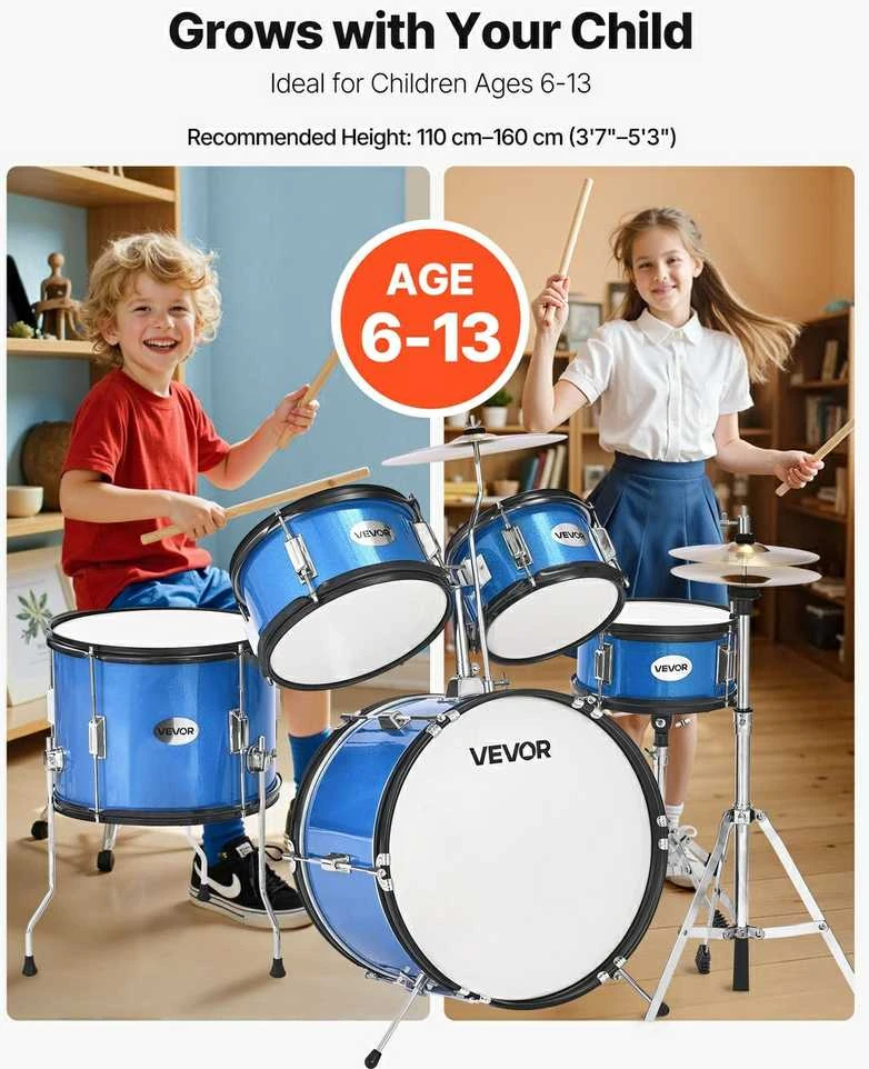 Vaikų būgnų rinkinys, 5 dalių, mėlynas, pradedantiesiems, mažyliams, muzikinis instrumentas