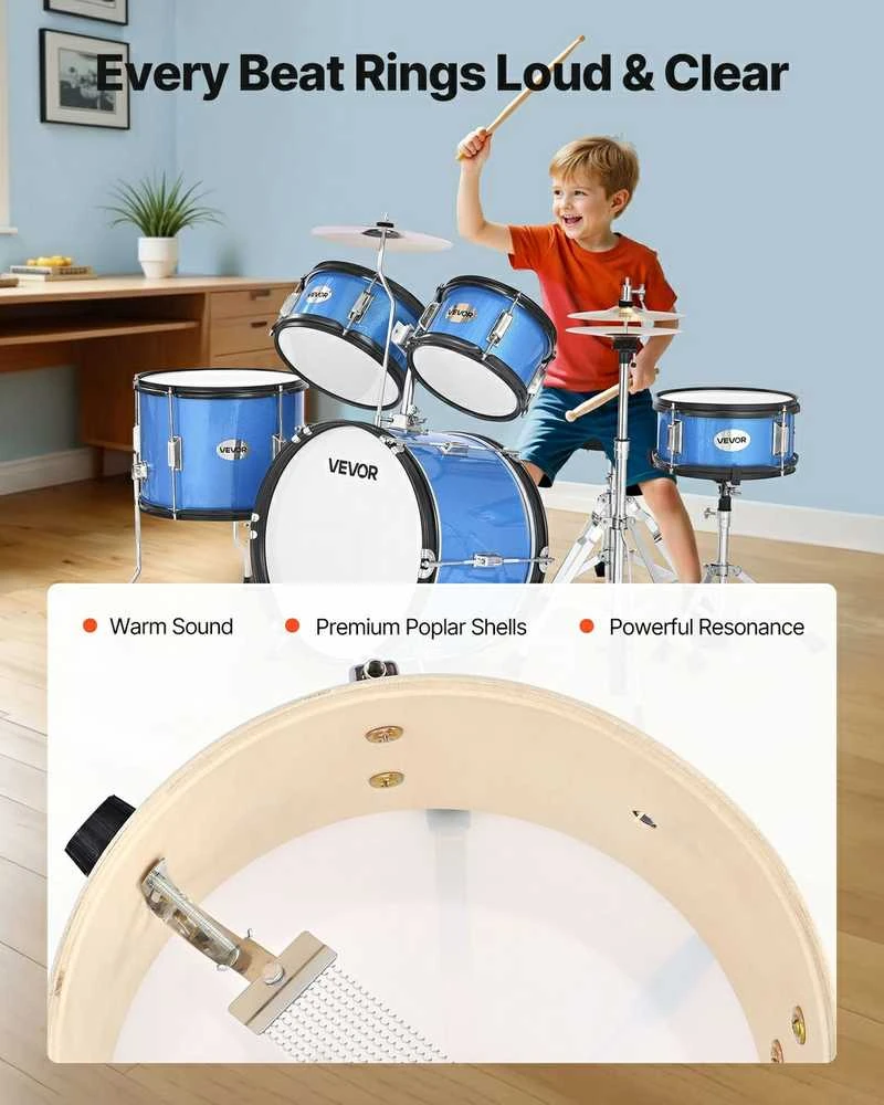 Vaikų būgnų rinkinys, 5 dalių, mėlynas, pradedantiesiems, mažyliams, muzikinis instrumentas