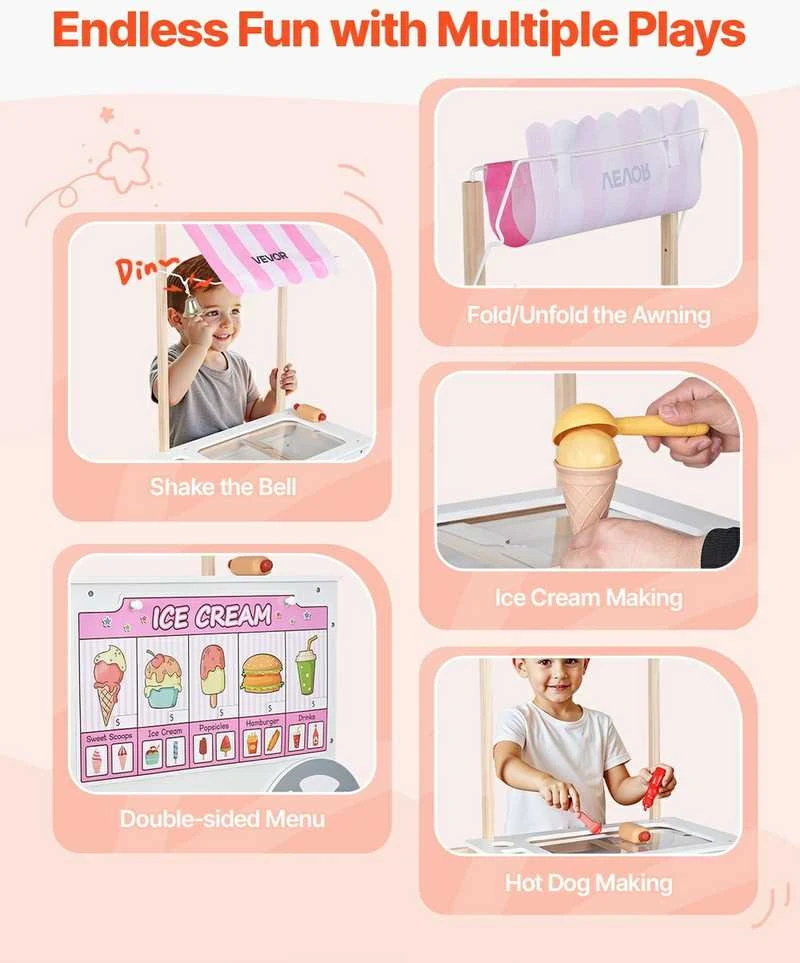 Vaikų ledų vežimėlis, žaislinis maisto sunkvežimis, 2in1 dešrainių kioskas, medinis ledainės žaidimas 3-7 metų vaikams, vaidmenų žaidimų žaislas, prekystalis