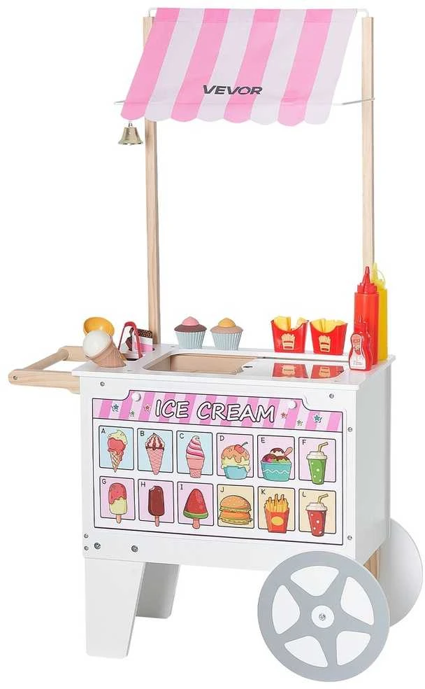 Vaikų ledų vežimėlis, žaislinis maisto sunkvežimis, 2in1 dešrainių kioskas, medinis ledainės žaidimas 3-7 metų vaikams, vaidmenų žaidimų žaislas, prekystalis