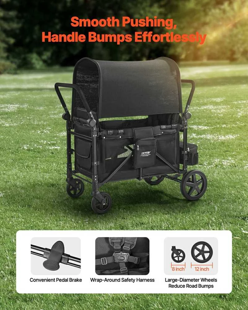 Vaikų vežimėlis 4 vaikams, sulankstomas stumiamas traukiamas vaikų vežimėlis, 150 kg talpos vaikų vežimėlis, daugiafunkcis vaikų vežimėlis, patvarus vaikų vežimėlis keliems vaikams