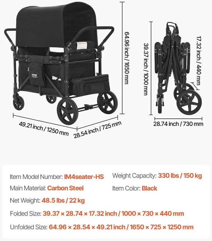 Vaikų vežimėlis 4 vaikams, sulankstomas stumiamas traukiamas vaikų vežimėlis, 150 kg talpos vaikų vežimėlis, daugiafunkcis vaikų vežimėlis, patvarus vaikų vežimėlis keliems vaikams