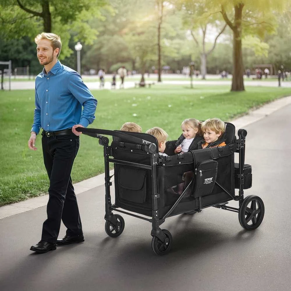 Vaikų vežimėlis 4 vaikams, sulankstomas stumiamas traukiamas vaikų vežimėlis, 150 kg talpos vaikų vežimėlis, daugiafunkcis vaikų vežimėlis, patvarus vaikų vežimėlis keliems vaikams