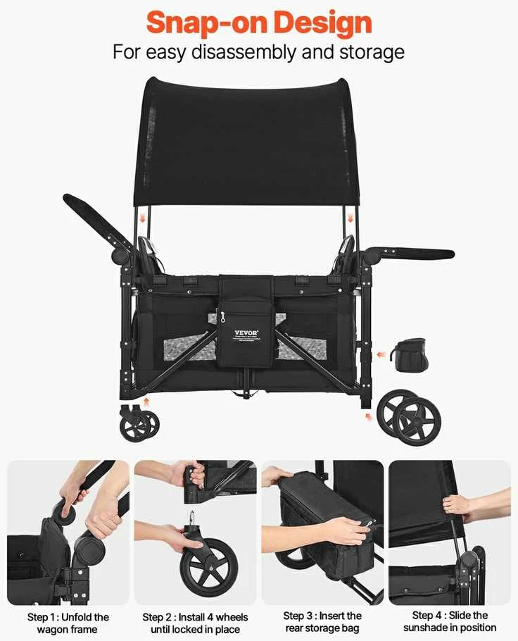 Vaikų vežimėlis 4 vaikams, sulankstomas stumiamas traukiamas vaikų vežimėlis, 150 kg talpos vaikų vežimėlis, daugiafunkcis vaikų vežimėlis, patvarus vaikų vežimėlis keliems vaikams