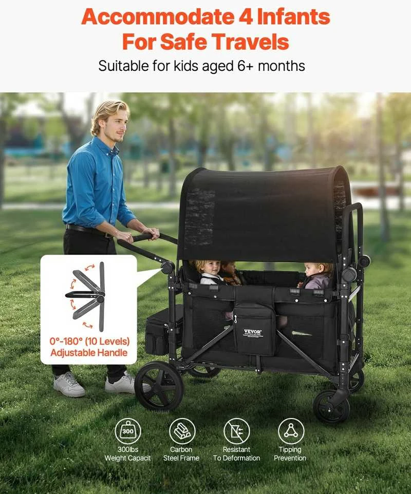 Vaikų vežimėlis 4 vaikams, sulankstomas stumiamas traukiamas vaikų vežimėlis, 150 kg talpos vaikų vežimėlis, daugiafunkcis vaikų vežimėlis, patvarus vaikų vežimėlis keliems vaikams