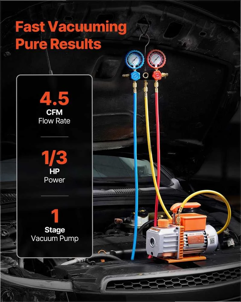 Vakuuminio siurblio ir matuoklių rinkinys automobilių ŠVOK kondicionieriams, 4.5 CFM 127 L/min vienpakopis rotacinis, ŠVOK vakuuminio siurblio komplektas, freono pildymo įranga