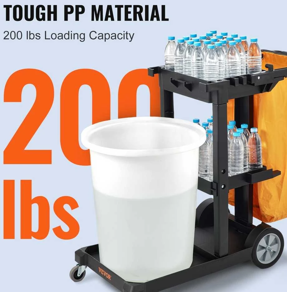 Valymo vežimėlis, 3 lentynų komercinis valymo vežimėlis, 90.7kg talpos plastikinis namų tvarkymo vežimėlis, su 94.6 l PVC maišu, valymo vežimėlis