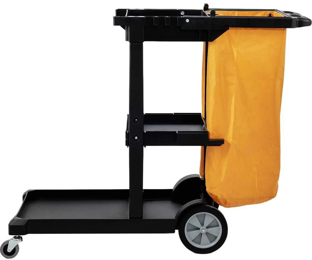 Valymo vežimėlis, 3 lentynų komercinis valymo vežimėlis, 90.7kg talpos plastikinis namų tvarkymo vežimėlis, su 94.6 l PVC maišu, valymo vežimėlis