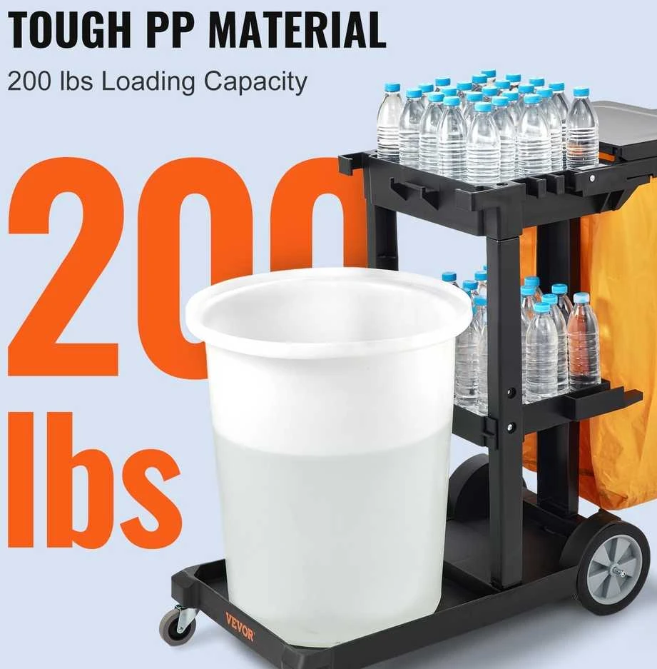 Valymo vežimėlis, 3 lentynų komercinis valymo vežimėlis, 90,7kg talpos plastikinis namų tvarkymo vežimėlis, su PVC maišu, valymo priemonių vežimėlis