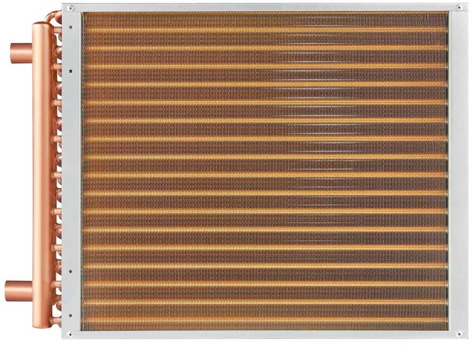 Vandens-oro šilumokaitis, 45.72 x 50.8 cm plokštės plotas, 3 eilių variniai antgaliai, 242 pelekų šilumokaitis