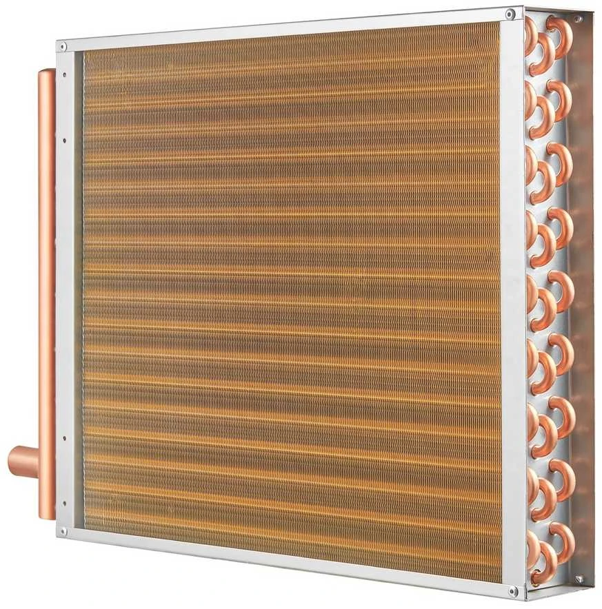 Vandens-oro šilumokaitis, 45.72 x 50.8 cm plokštės plotas, 3 eilių variniai antgaliai, 242 pelekų šilumokaitis
