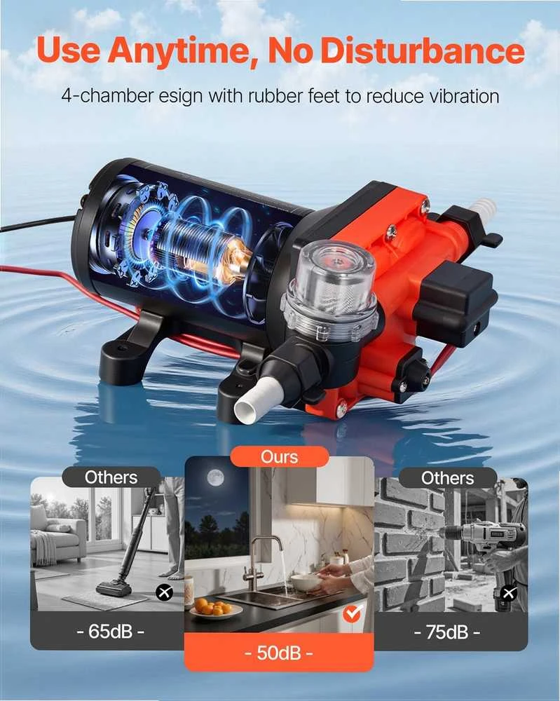 Vandens siurblys kemperiams ir jachtoms, 12V DC 22.7 L/min 4 kamerų savaime užsipildantis diafragminis siurblys su automatiniu slėgio jungikliu, 4.83 bar vandens pompa sodo laistymui