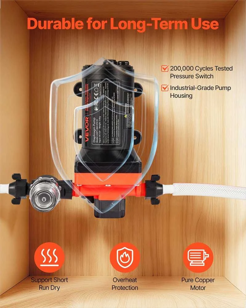 Vandens siurblys kemperiams ir jachtoms, 12V DC 22.7 L/min 4 kamerų savaime užsipildantis diafragminis siurblys su automatiniu slėgio jungikliu, 4.83 bar vandens pompa sodo laistymui